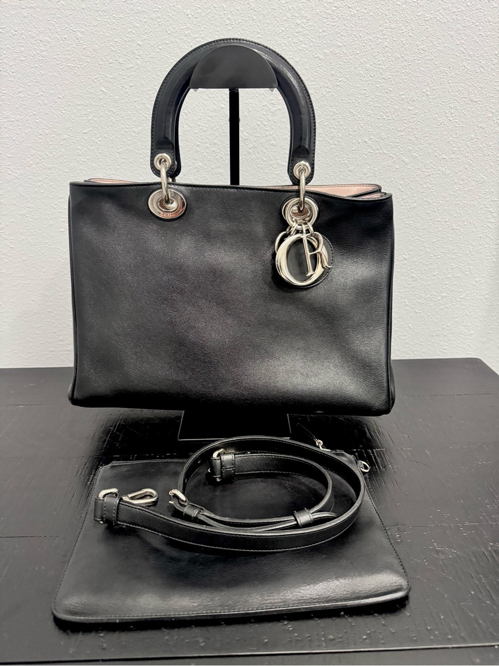 Dior Black Leather Satchel with Silver Charm Hardware